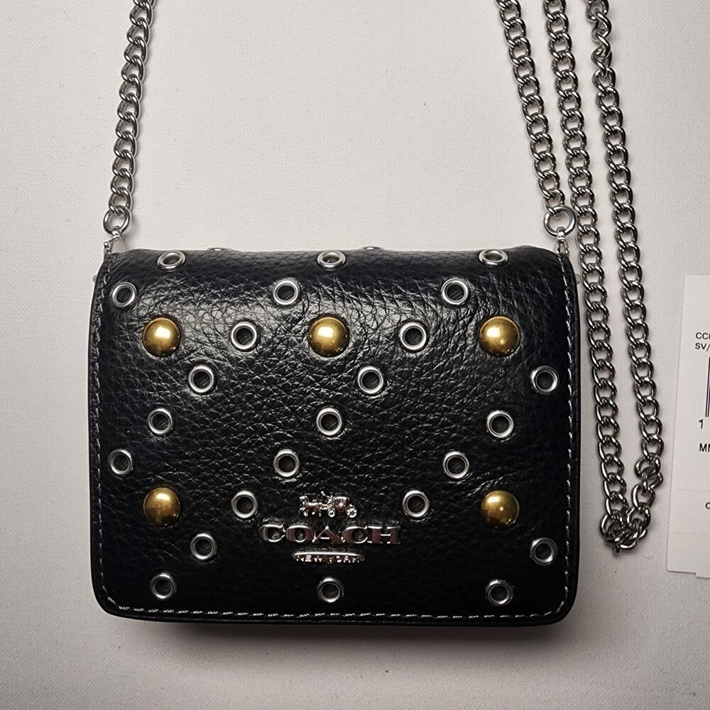 NWT Coach CCI80 Mini Wallet On A Chain With Rivets Silver Black